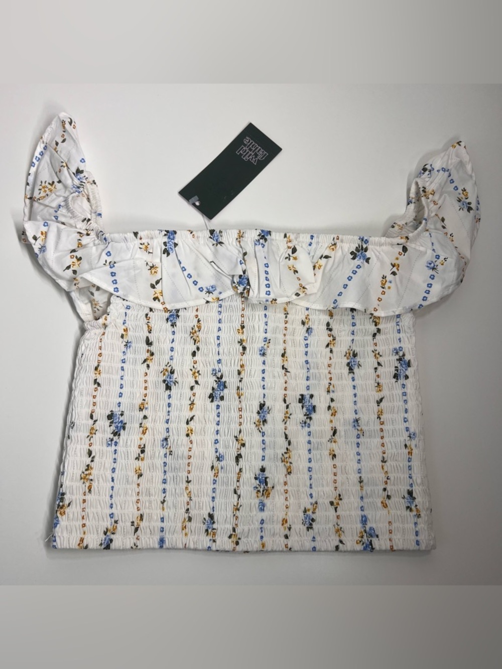 Wild Fable NWT Floral Smocked Off-the-Shoulder Ruffle Top XXS White Blue